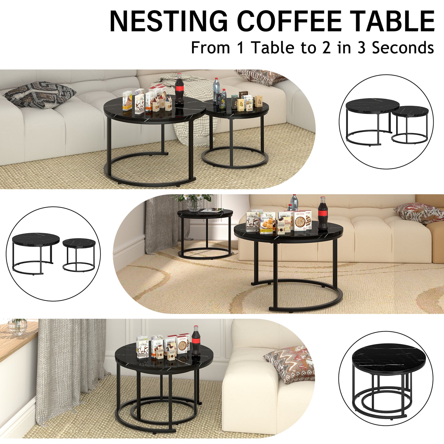 Circle Nesting Coffee Tables for Living Room, Small Dining Center Space Saving Living Room Small Tables, Modern Center Table Dining Black&White - Vixiahome