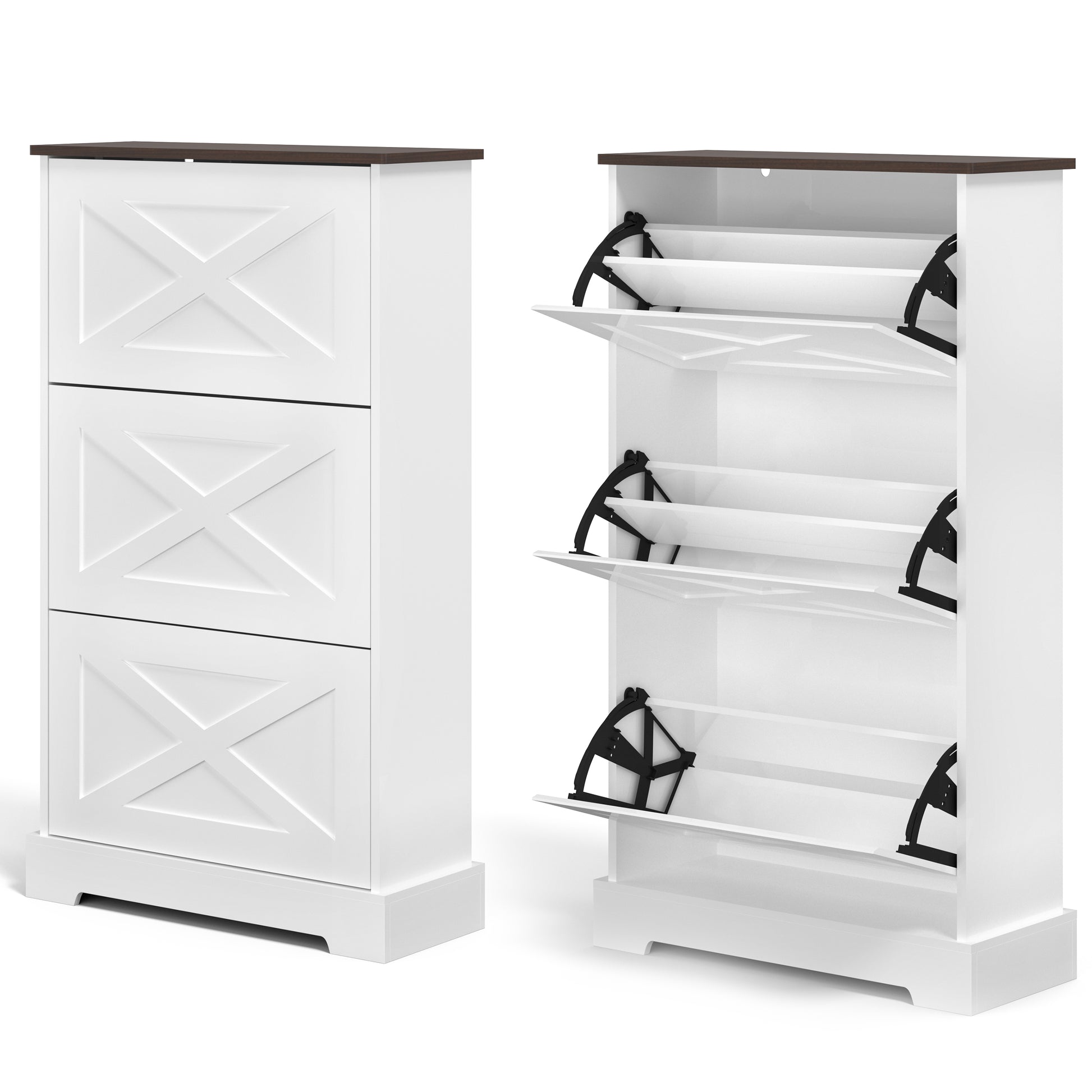 Shoes Cabinet for Entryway Shoes Storage Organizer X-Design with 3 Flip Drawers,Large Shoes Cabinet Entryway Organizer American Farmhouse Style Walnut Top Anti-Tip Fits for Doorway Hallway (White) - Vixiahome