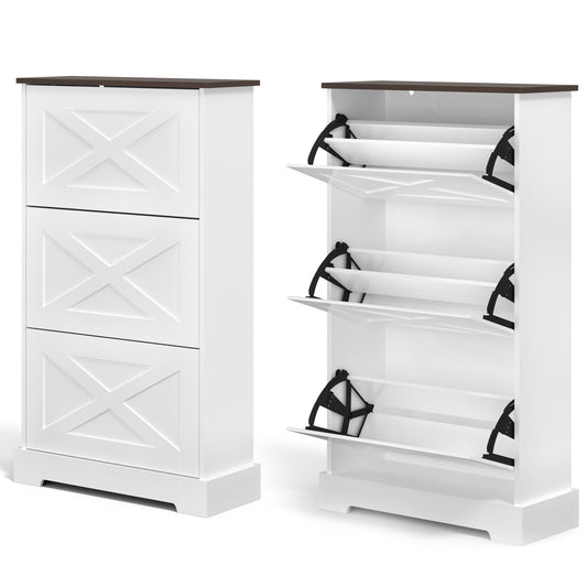 Shoes Cabinet for Entryway Shoes Storage Organizer X-Design with 3 Flip Drawers,Large Shoes Cabinet Entryway Organizer American Farmhouse Style Walnut Top Anti-Tip Fits for Doorway Hallway (White) - Vixiahome