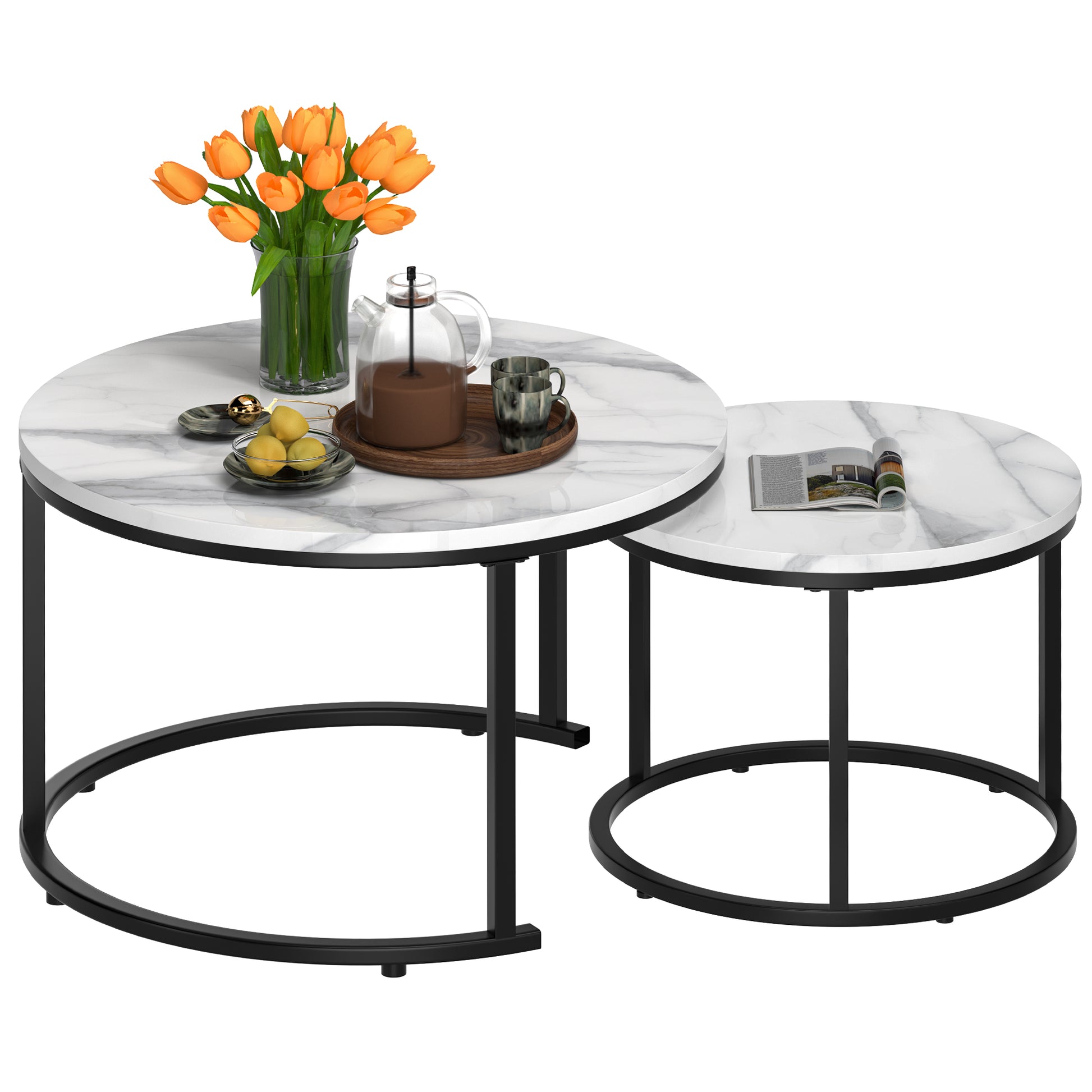 Circle Nesting Coffee Tables for Living Room, Small Dining Center Space Saving Living Room Small Tables, Modern Center Table Dining Black&White - Vixiahome