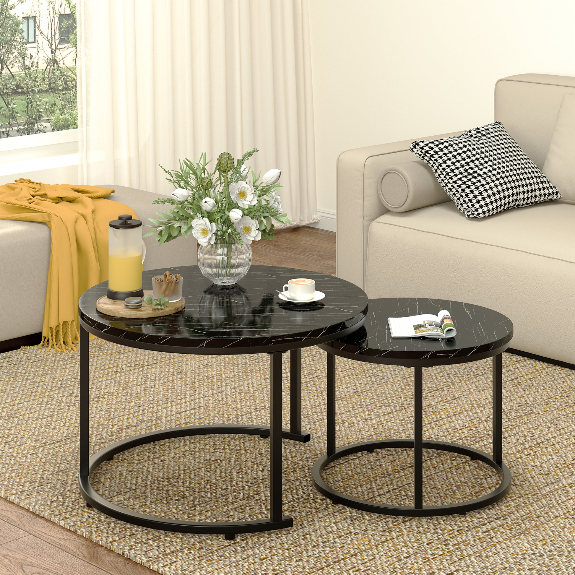 Circle Nesting Coffee Tables for Living Room, Small Dining Center Space Saving Living Room Small Tables, Modern Center Table Dining Black&White - Vixiahome