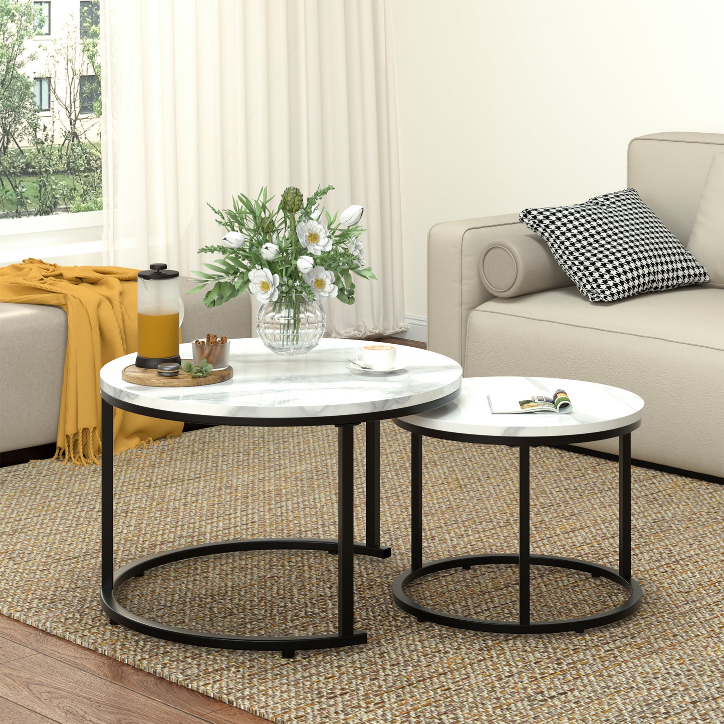 Circle Nesting Coffee Tables for Living Room, Small Dining Center Space Saving Living Room Small Tables, Modern Center Table Dining Black&White - Vixiahome