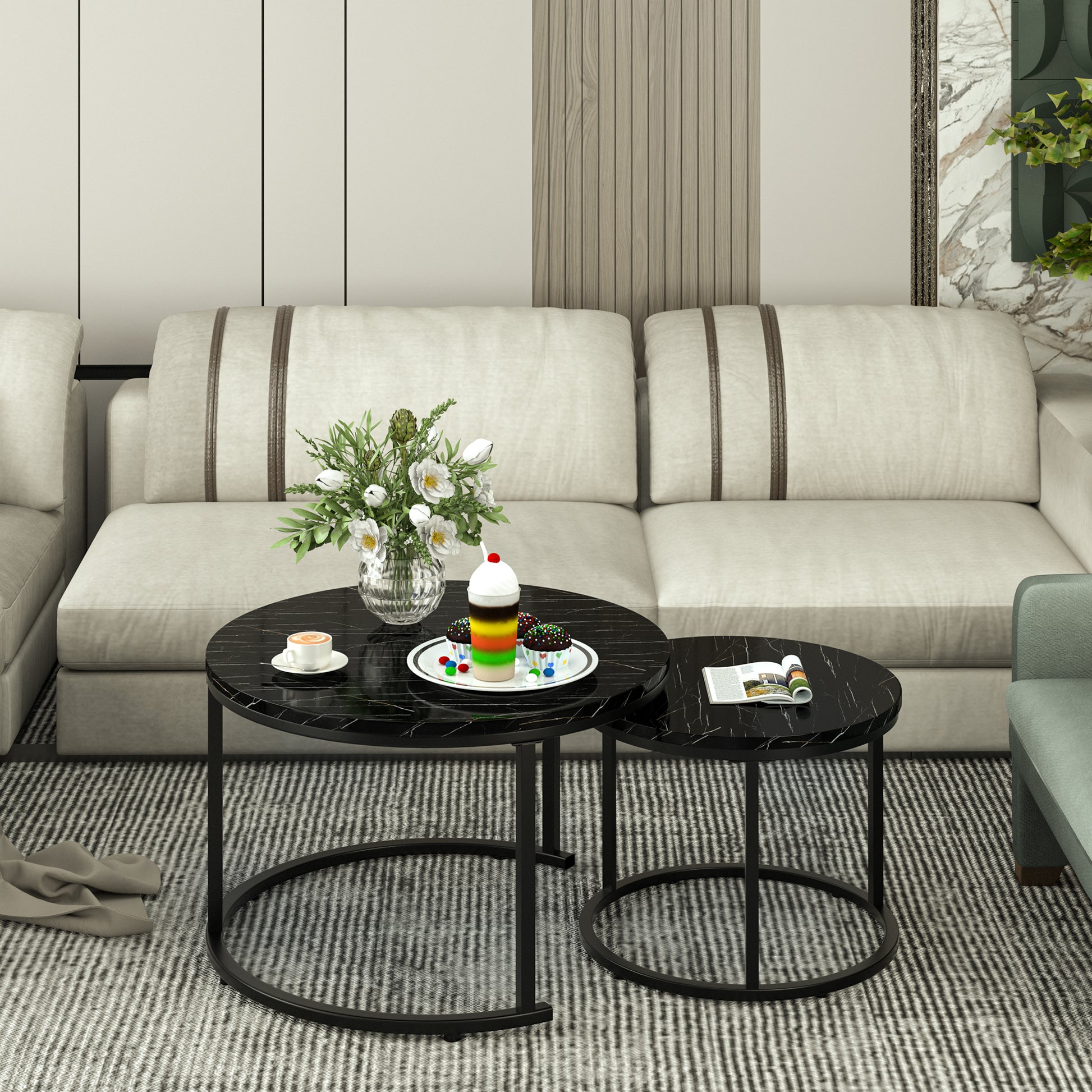 Circle Nesting Coffee Tables for Living Room, Small Dining Center Space Saving Living Room Small Tables, Modern Center Table Dining Black&White - Vixiahome