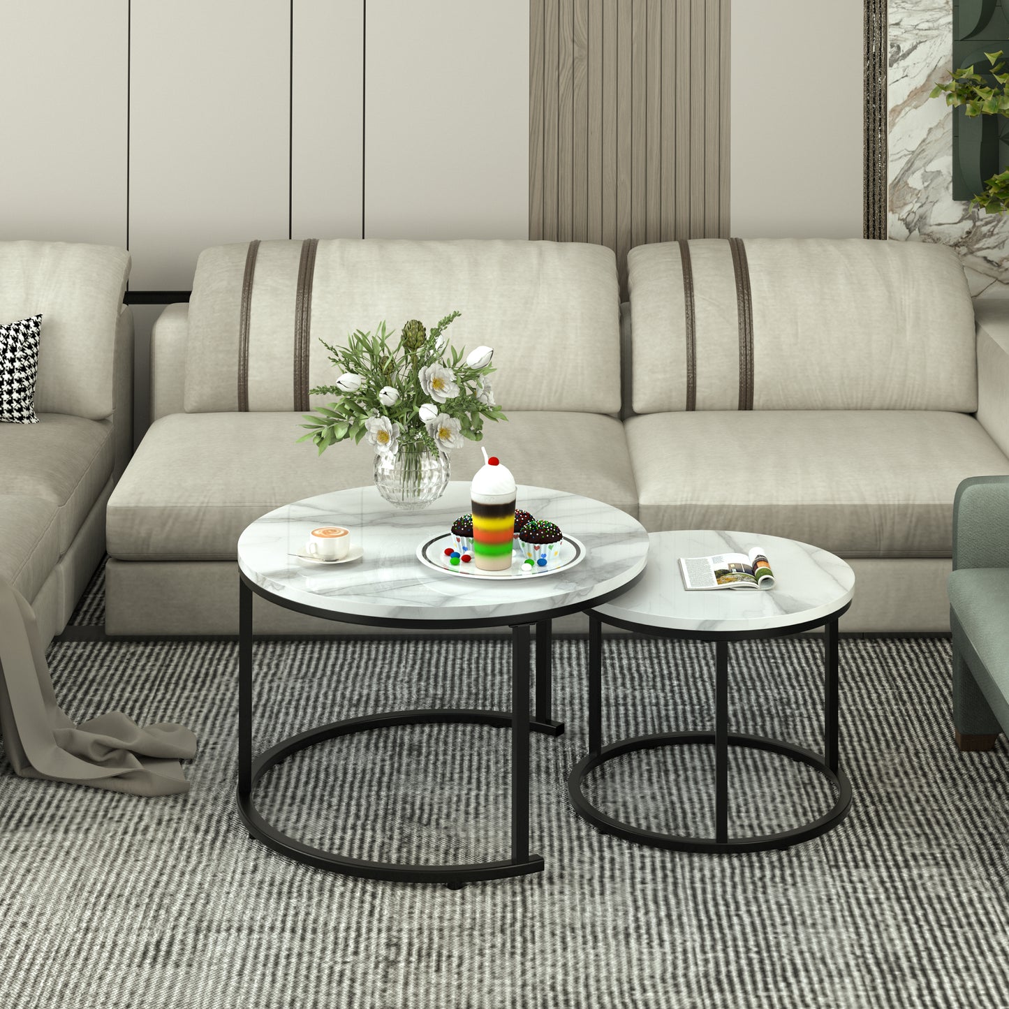 Circle Nesting Coffee Tables for Living Room, Small Dining Center Space Saving Living Room Small Tables, Modern Center Table Dining Black&White - Vixiahome