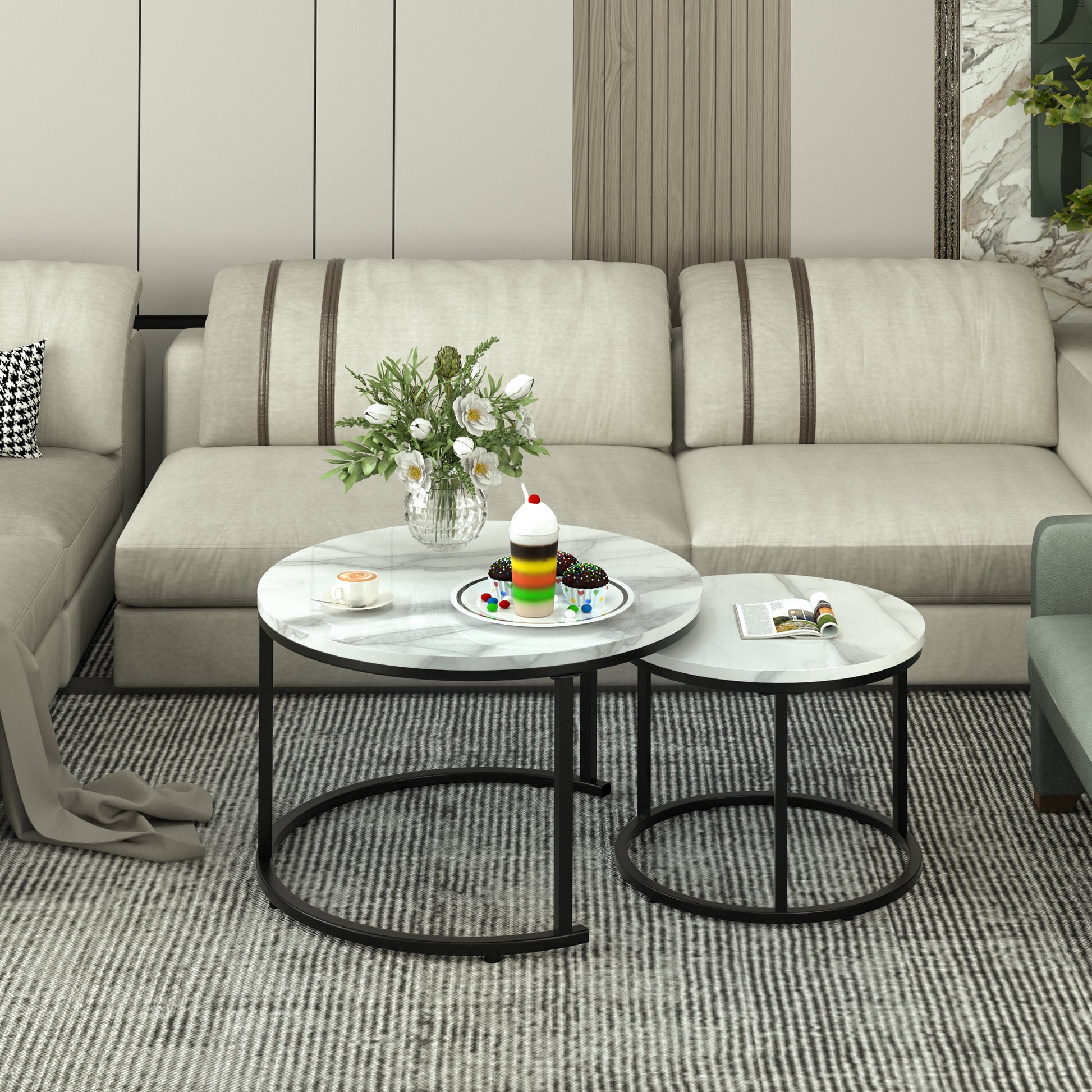 Circle Nesting Coffee Tables for Living Room, Small Dining Center Space Saving Living Room Small Tables, Modern Center Table Dining Black&White - Vixiahome