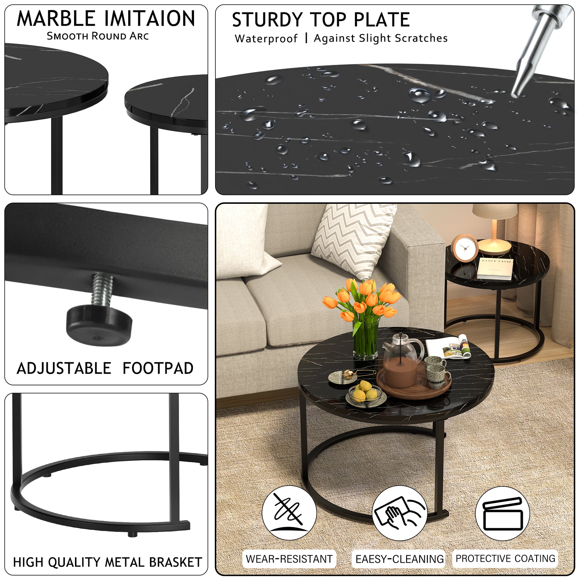 Circle Nesting Coffee Tables for Living Room, Small Dining Center Space Saving Living Room Small Tables, Modern Center Table Dining Black&White - Vixiahome