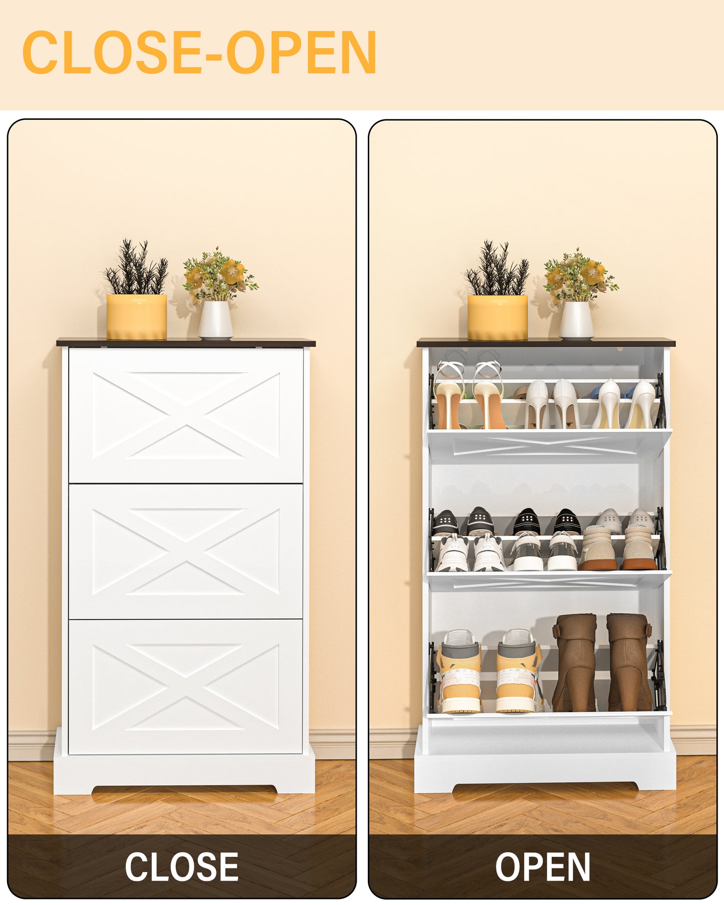Shoes Cabinet for Entryway Shoes Storage Organizer X-Design with 3 Flip Drawers,Large Shoes Cabinet Entryway Organizer American Farmhouse Style Walnut Top Anti-Tip Fits for Doorway Hallway (White) - Vixiahome