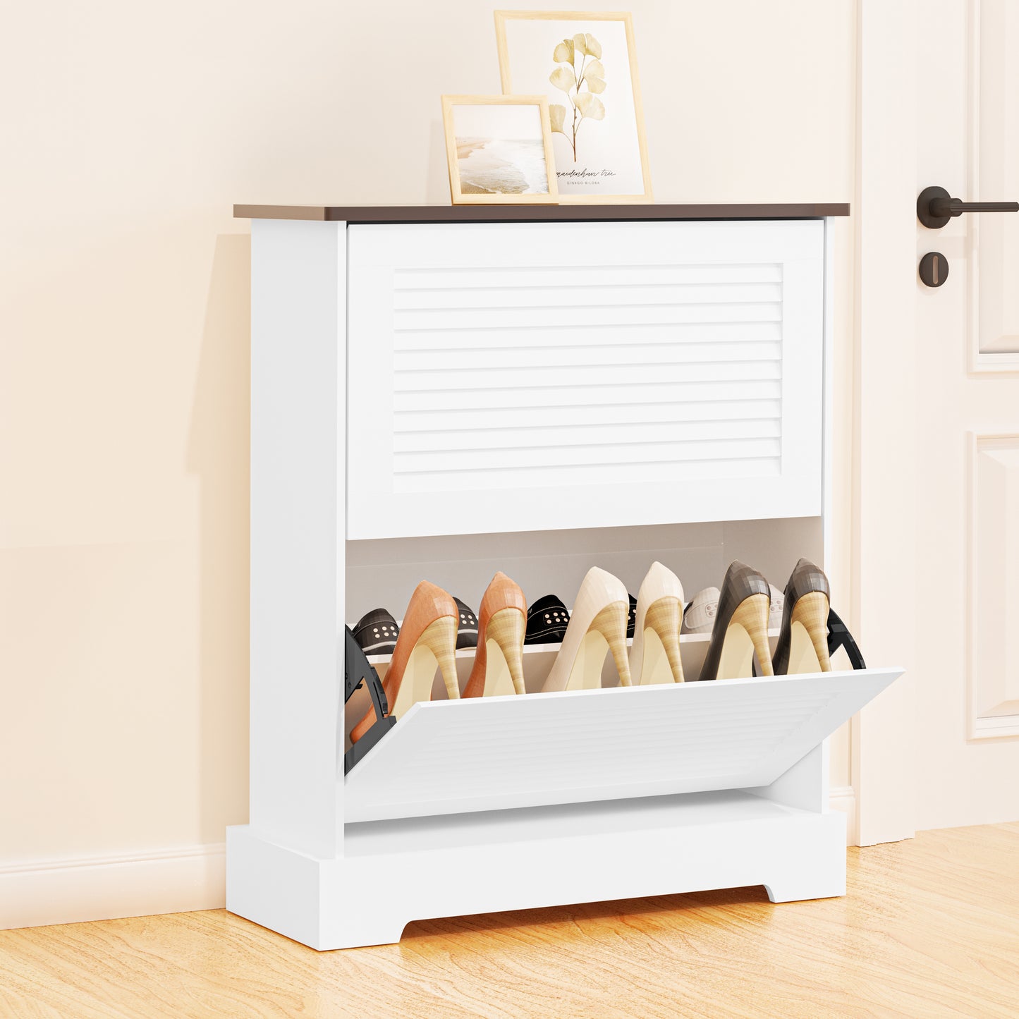 Shoes Cabinet Storage Organizer Flip Drawer Shoe Cabinet with Adjustable Shelves - 2-Tier Narrow Entryway Organizer, Anti-Tip Shoe Rack for Hallway/Living Room Engineer Wood (White) - Vixiahome
