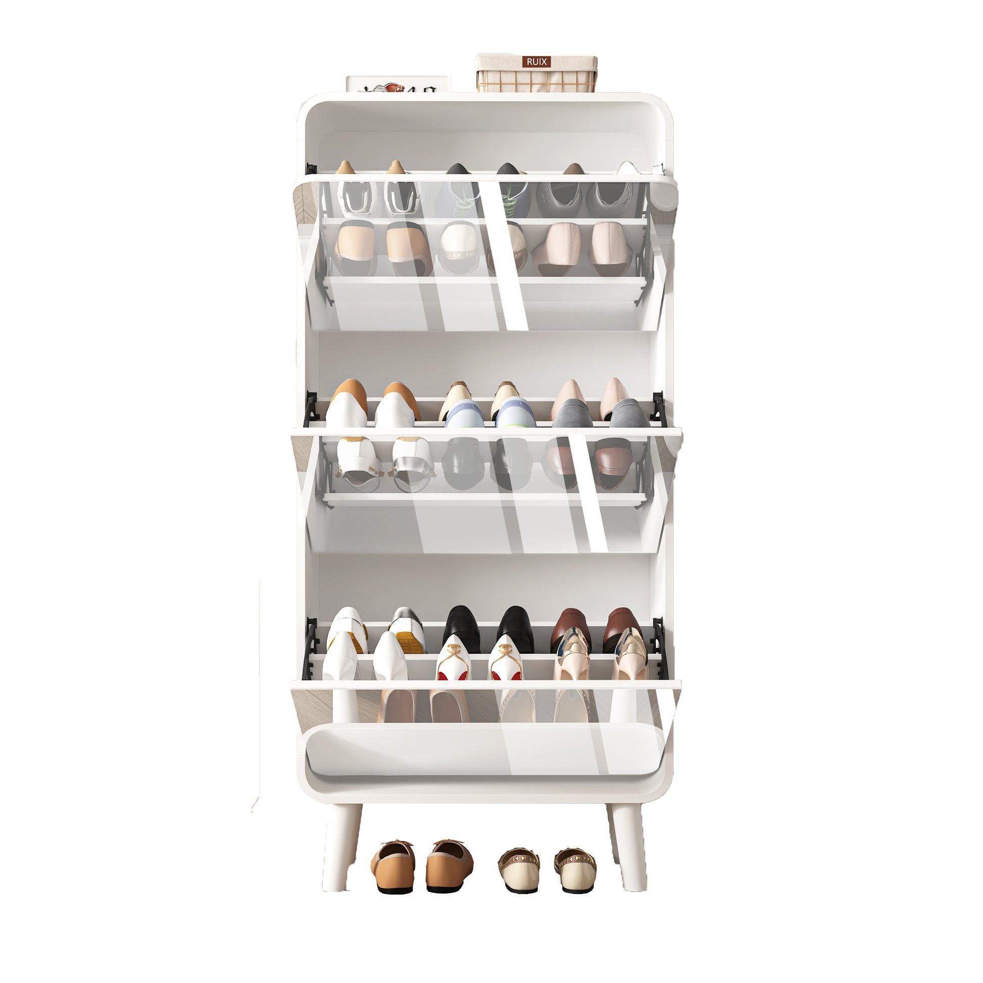 Shoe Cabinet for Entryway with 3 Flip Drawers - Mirrored Shoe Cabinet Slim Entryway Storage Organizer Narrow Shoe Organizer Full length Mirror for Hallway Living Room Engineered Wood Anti-Tip (White) - Vixiahome