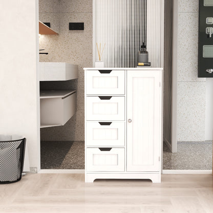 White freestanding floor storage cabinet with adjustable shelves, 4 drawers and 1 door