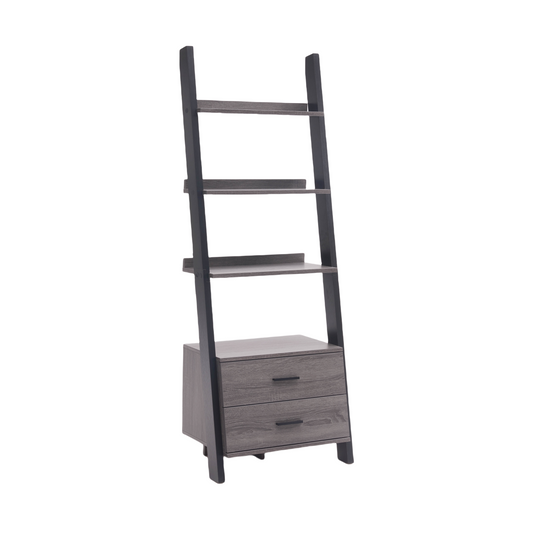 Two drawer ladder bookcase metal bar handles Distressed Grey and black two tone color - Vixiahome