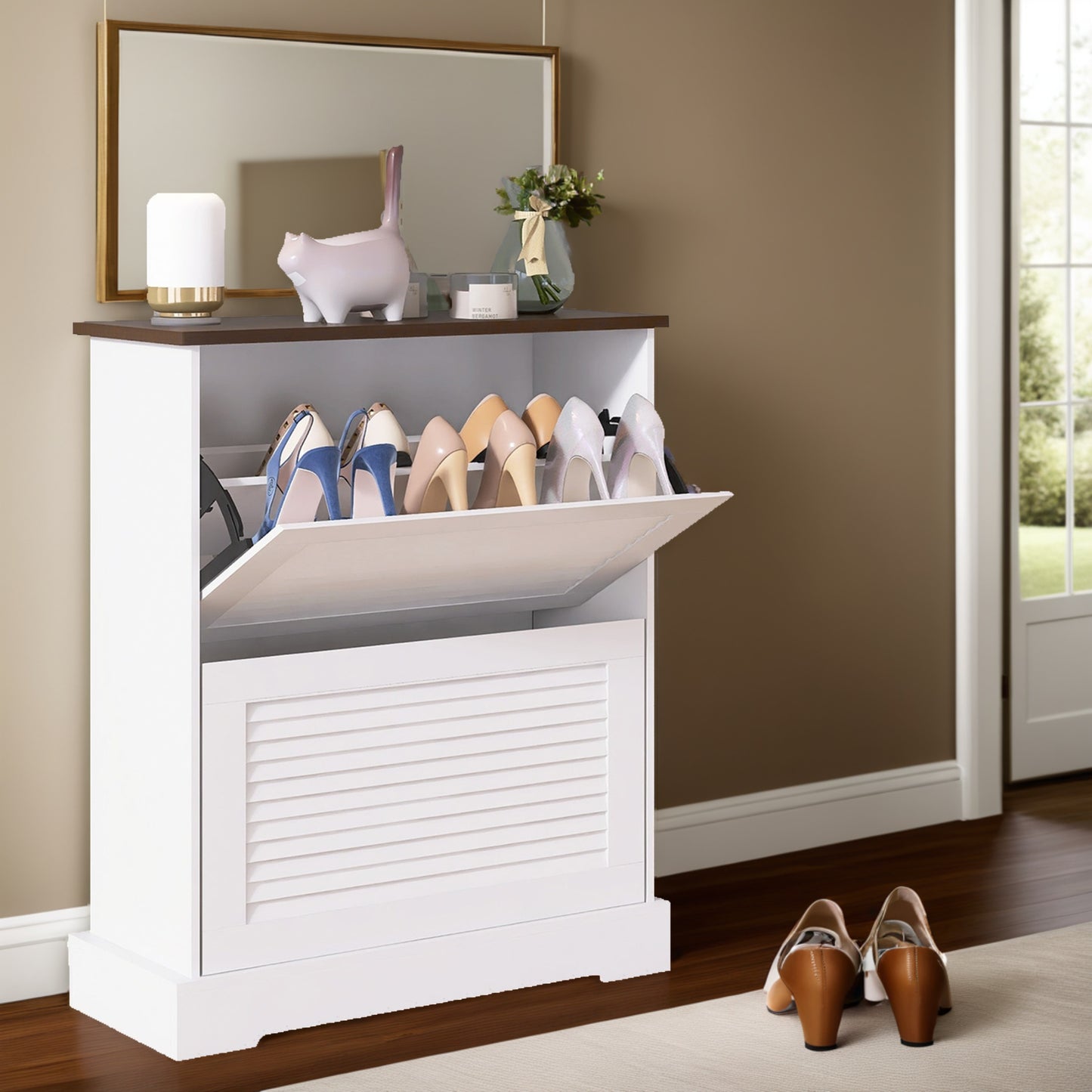 Shoes Cabinet Storage Organizer Flip Drawer Shoe Cabinet with Adjustable Shelves - 2-Tier Narrow Entryway Organizer, Anti-Tip Shoe Rack for Hallway/Living Room Engineer Wood (White) - Vixiahome