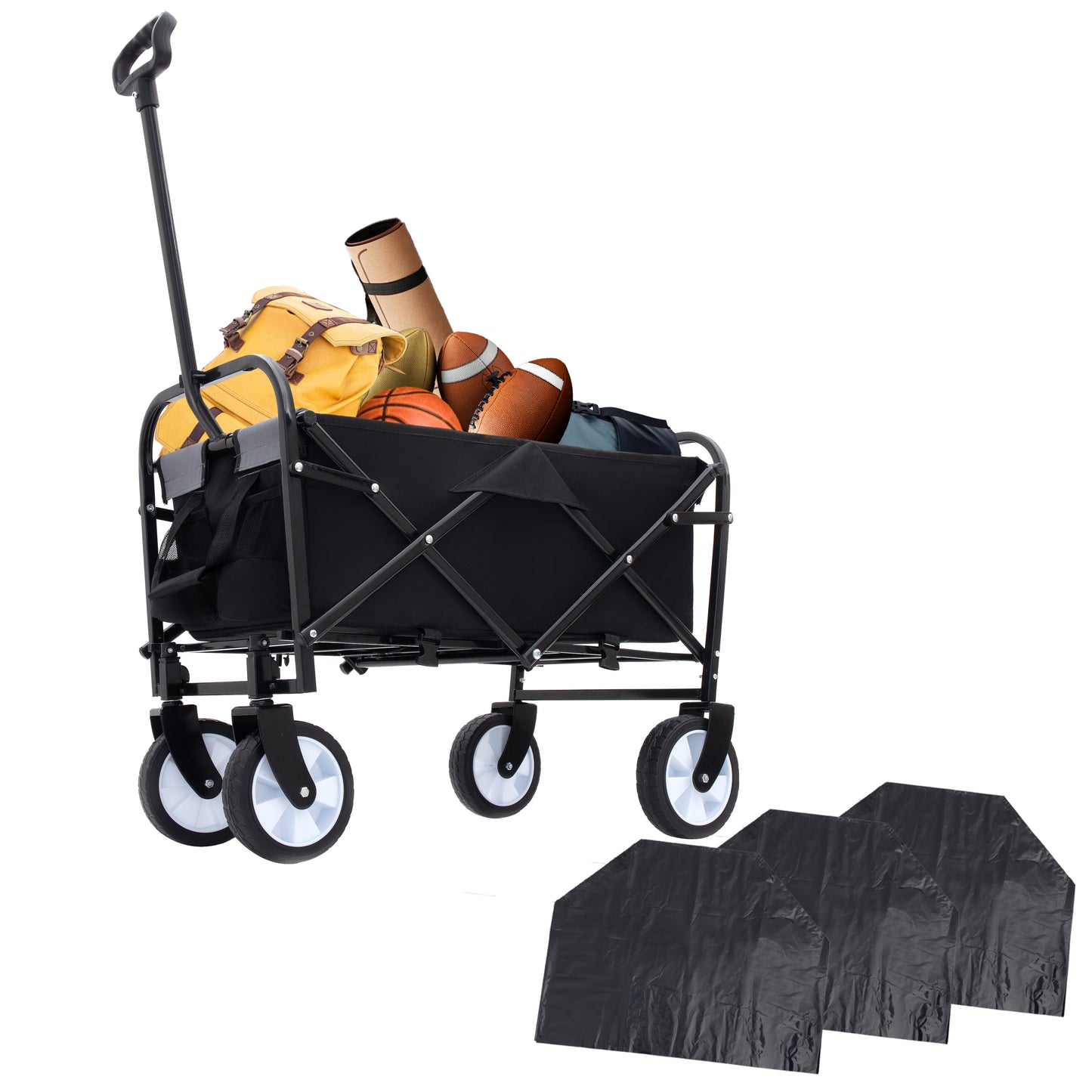 Minimeetall Multi-use Bag,Collapsible Foldable Wagon Cart Beach Wagon Heavy Duty Utility Cart Utility Wagon Grocery Cart for for Camping 3pcs plastic Liner bag /Cover ,  black - Vixiahome
