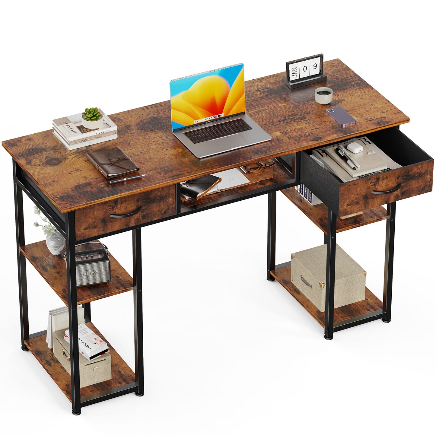 Computer Desk 48 Inch Home Office Bedroom Writing Study PC Table with Fabric Drawers Storage Shelves Space Headphone Hook Metal Frame Adjustable Feet Modern Simple Style - Vixiahome