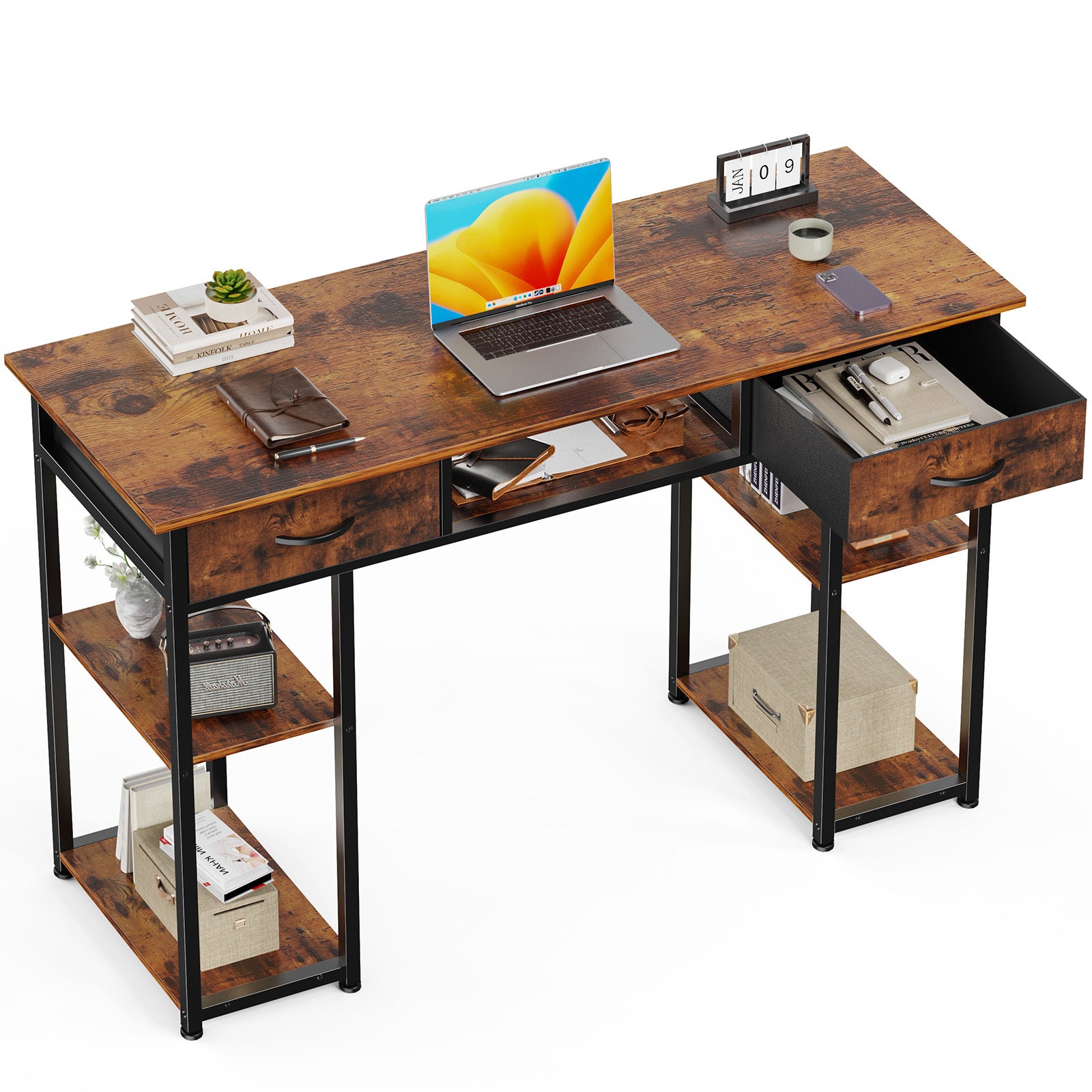 Computer Desk 48 Inch Home Office Bedroom Writing Study PC Table with Fabric Drawers Storage Shelves Space Headphone Hook Metal Frame Adjustable Feet Modern Simple Style - Vixiahome