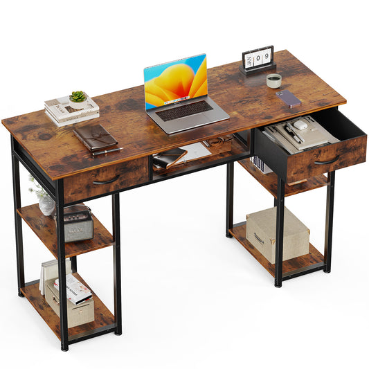 Computer Desk 48 Inch Home Office Bedroom Writing Study PC Table with Fabric Drawers Storage Shelves Space Headphone Hook Metal Frame Adjustable Feet Modern Simple Style - Vixiahome