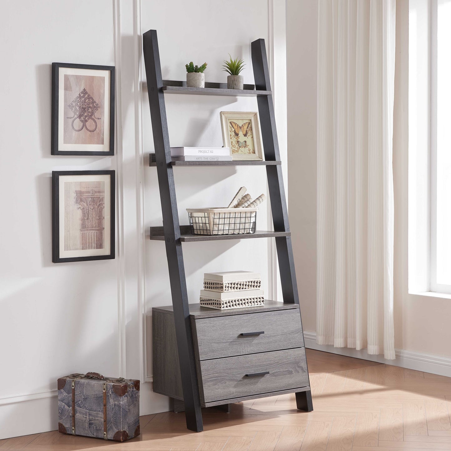 Two drawer ladder bookcase metal bar handles Distressed Grey and black two tone color