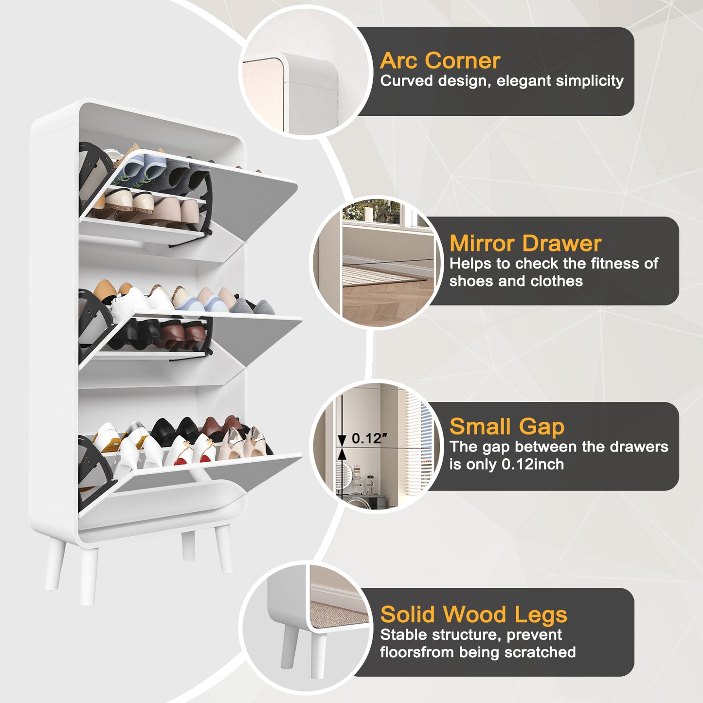 Shoe Cabinet for Entryway with 3 Flip Drawers - Mirrored Shoe Cabinet Slim Entryway Storage Organizer Narrow Shoe Organizer Full length Mirror for Hallway Living Room Engineered Wood Anti-Tip (White) - Vixiahome