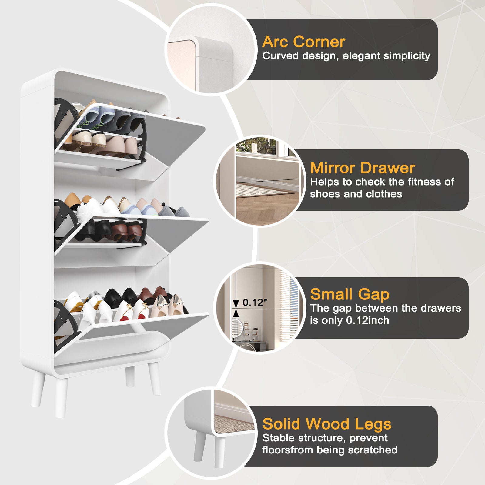 Shoe Cabinet for Entryway with 3 Flip Drawers - Mirrored Shoe Cabinet Slim Entryway Storage Organizer Narrow Shoe Organizer Full length Mirror for Hallway Living Room Engineered Wood Anti-Tip (White) - Vixiahome