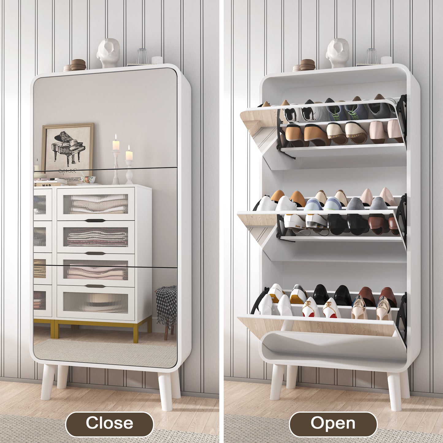 Shoe Cabinet for Entryway with 3 Flip Drawers - Mirrored Shoe Cabinet Slim Entryway Storage Organizer Narrow Shoe Organizer Full length Mirror for Hallway Living Room Engineered Wood Anti-Tip (White) - Vixiahome