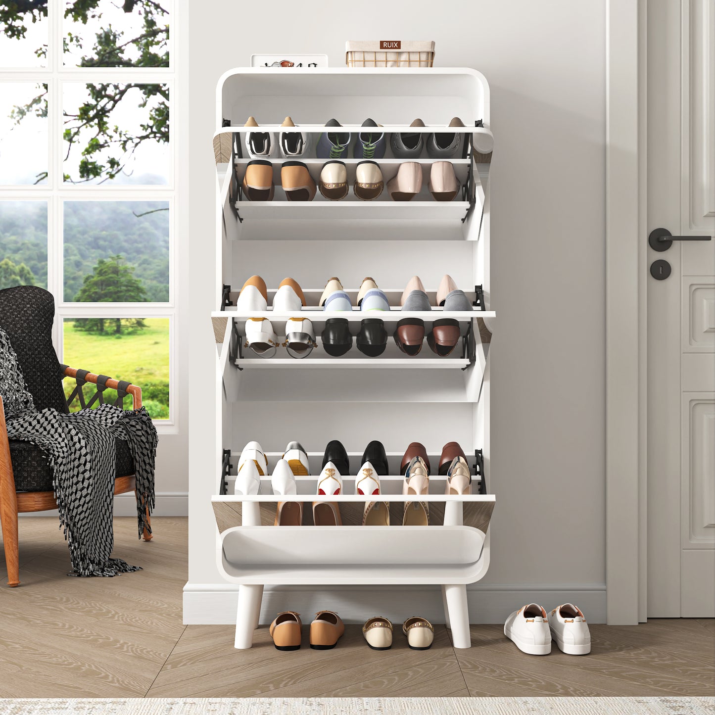 Shoe Cabinet for Entryway with 3 Flip Drawers - Mirrored Shoe Cabinet Slim Entryway Storage Organizer Narrow Shoe Organizer Full length Mirror for Hallway Living Room Engineered Wood Anti-Tip (White) - Vixiahome