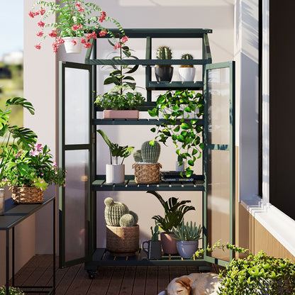 TOPMAX 62inch Height Wood Large Greenhouse Balcony Portable Cold Frame with Wheels and Adjustable Shelves for Outdoor Indoor Use, Forest Green