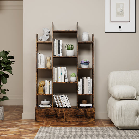 Bookshelf with 2 Drawers, Industrial Freestanding Open Display Shelving, Vintage Open Bookcase, 12 Storage Shelves, Book Case for Bedroom, Living Room, Home Office, Rustic Brown