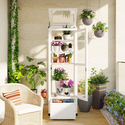 TOPMAX 62.4inch Height Wood Garden Greenhouse Balcony Portable Mini Cold Frame with Movable Storage Box and Adjustable Shelves for Outdoor Indoor Use, White - Vixiahome