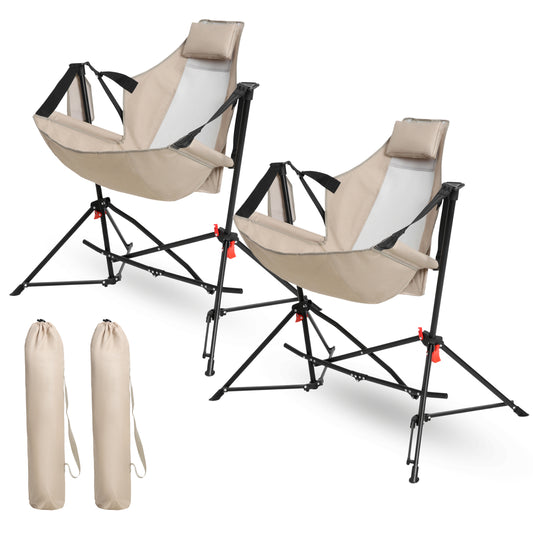 Hammock Camping Chair, Folding Portable Rocking Chair, Aluminum Alloy Adjustable Back Swinging Chair with Pillow Cup Holder, Recliner with Carry Bag for Outdoor Travel Lawn Backyard, Khaki (2pcs)