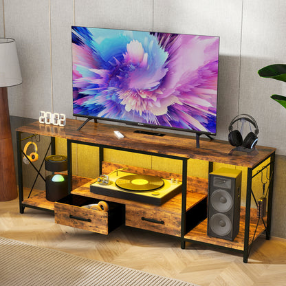 TV Stand with LED Lights Power Outlets  -  TV Stand with Fabric Drawers for 65 70 75 Inches TV - Entertainment Center and Industrial TV Console Table with Open Storage Shelves for Living Room, Bedroom