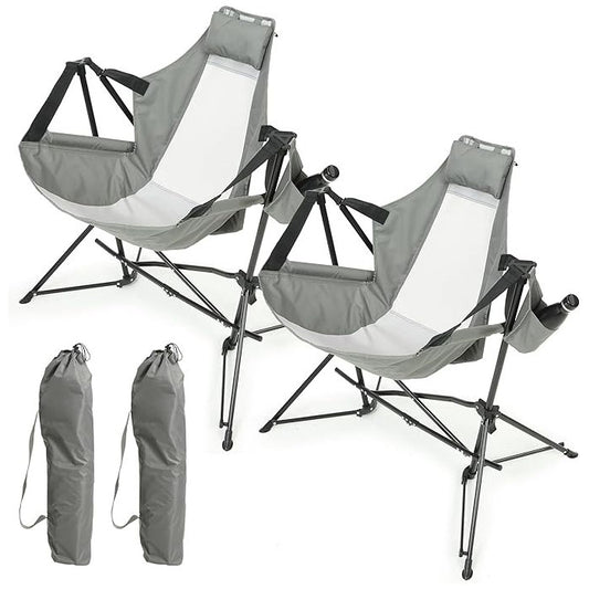 Hammock Camping Chair, Folding Portable Rocking Chair, Aluminum Alloy Adjustable Back Swinging Chair with Pillow Cup Holder, Recliner with Carry Bag for Outdoor Travel Lawn Backyard, Grey  (2pcs) - Vixiahome