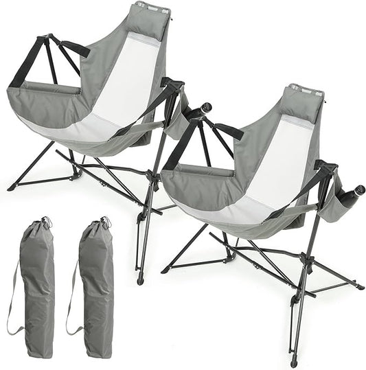 Hammock Camping Chair, Folding Portable Rocking Chair, Aluminum Alloy Adjustable Back Swinging Chair with Pillow Cup Holder, Recliner with Carry Bag for Outdoor Travel Lawn Backyard, Grey  (2pcs)